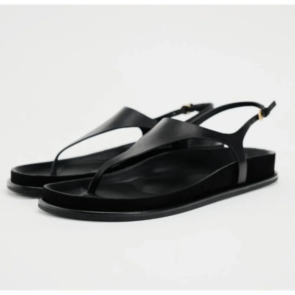 ZARA Women Black Minimalist Slingback Thong Sandals Size 36 Slip-On Flat Summer - Picture 10 of 11